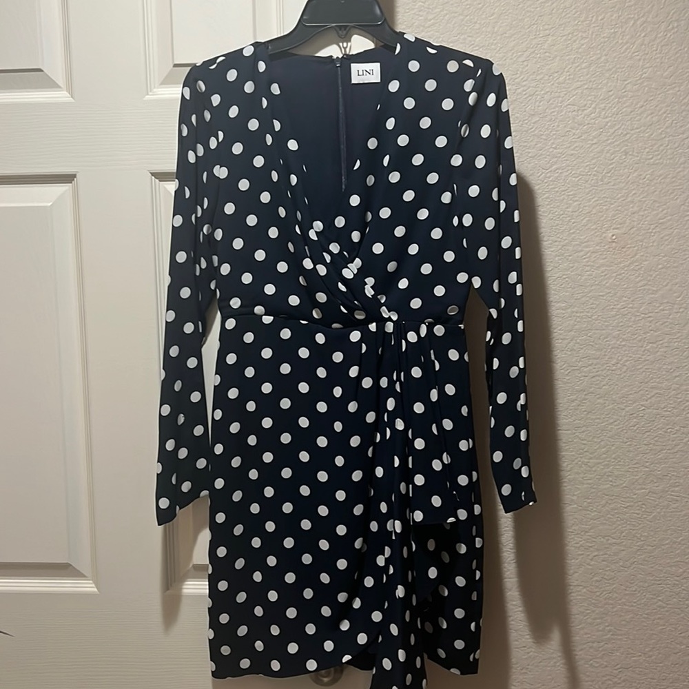 LINI Womens Katie Polka Dot Pleated Mini Wrap Dress